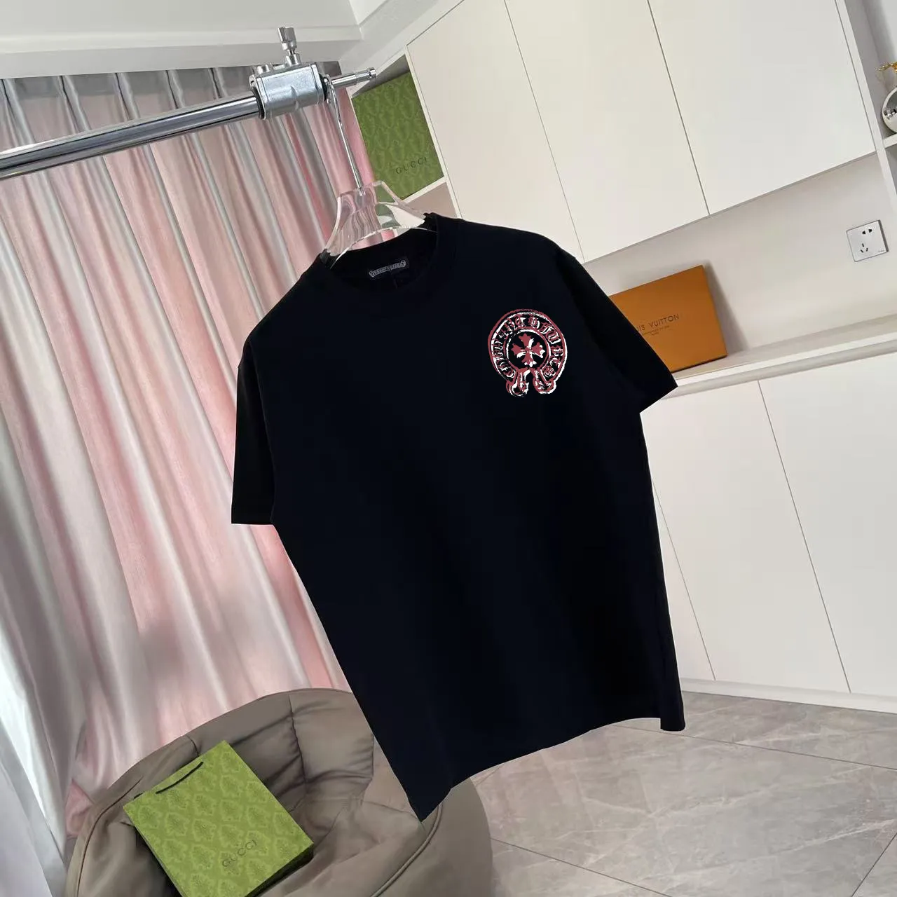 🅿️170 ch Cro* 2025 summer new style Sanskrit cross horseshoe print short-sleeved T-shirt customized fabric 300g same style for men and women Size: S M L XL XXL five sizes Color: black white rose red iron gray